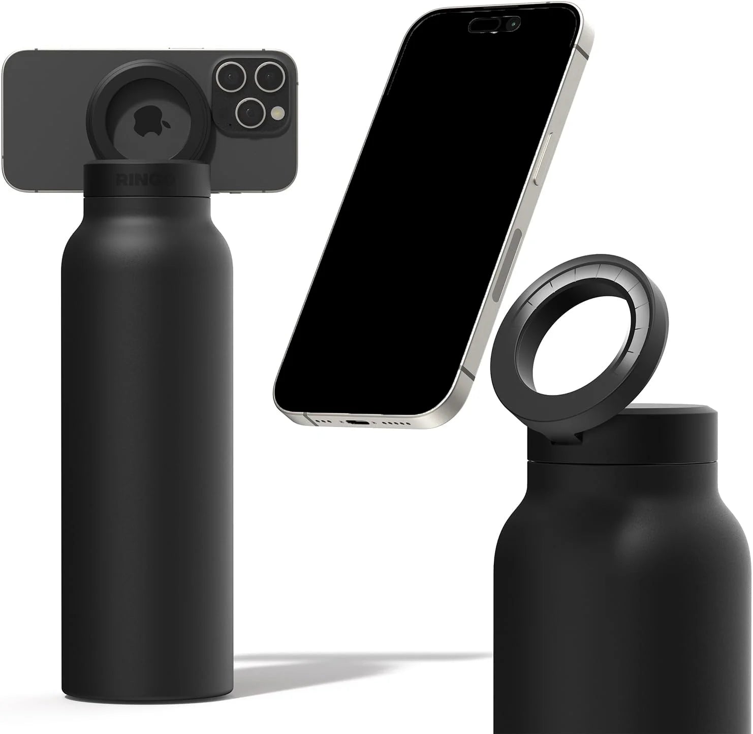 Gourde noire avec support téléphone