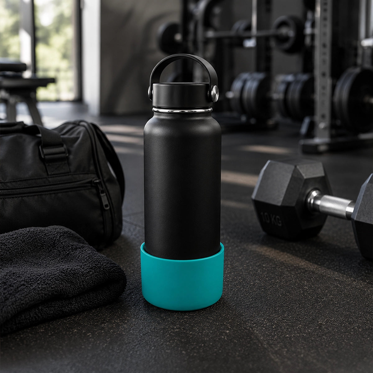 gourde noir à la salle de sport avec protection bleu