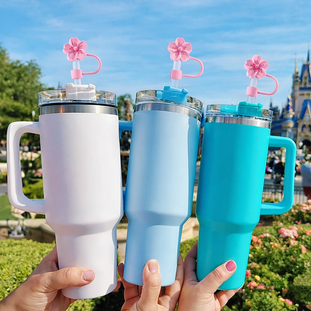 gourde avec poignée et embout paille fleur de cerisiers rose