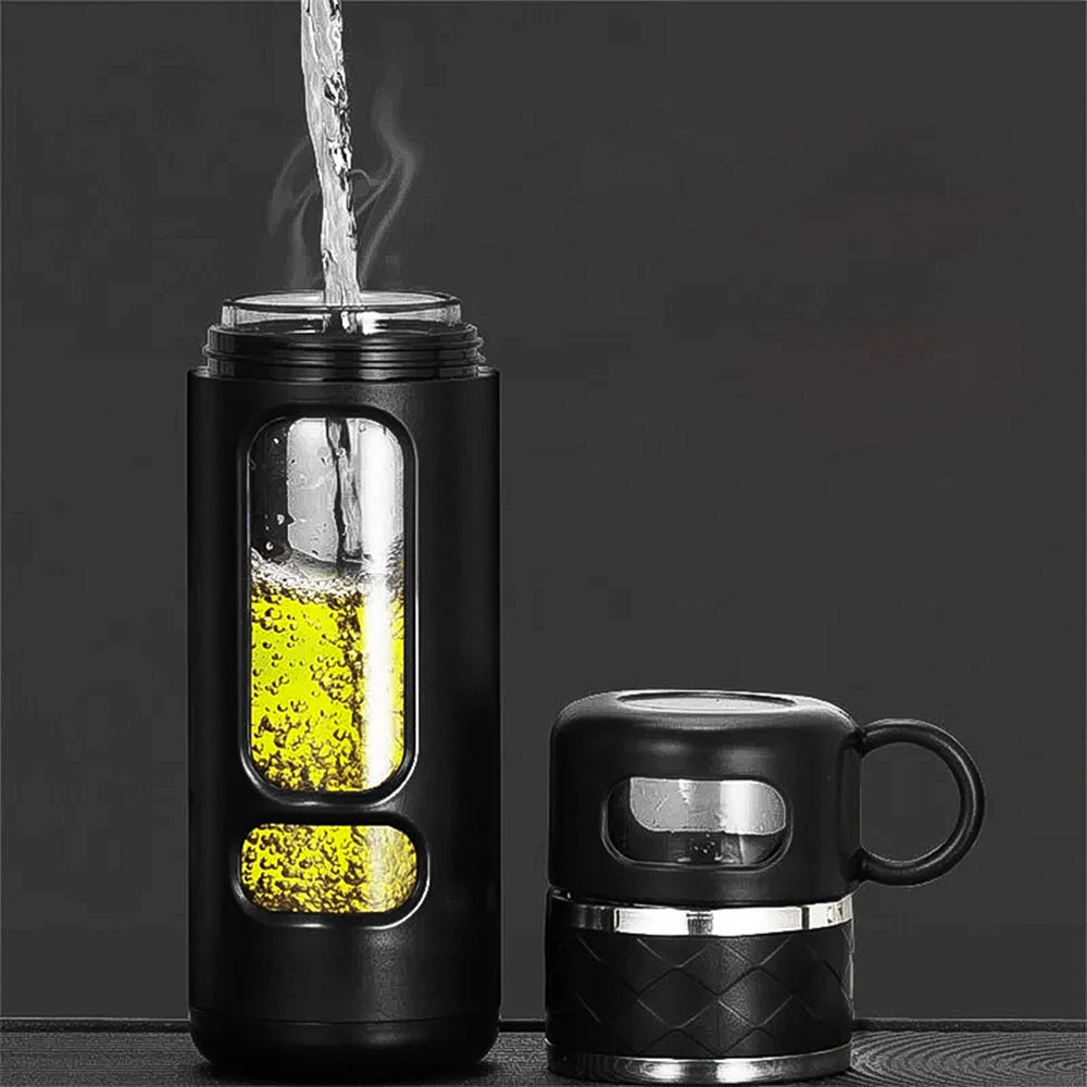 gourde en verre filtre à infusion avec protection et mug intégré