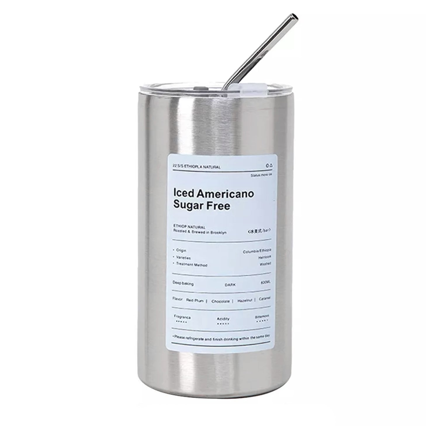 Gourde en inox avec paille intégrée et couvercle hermétique, design inspiré des gobelets de café. Idéale pour les boissons froides comme l’iced americano, réutilisable et écologique.