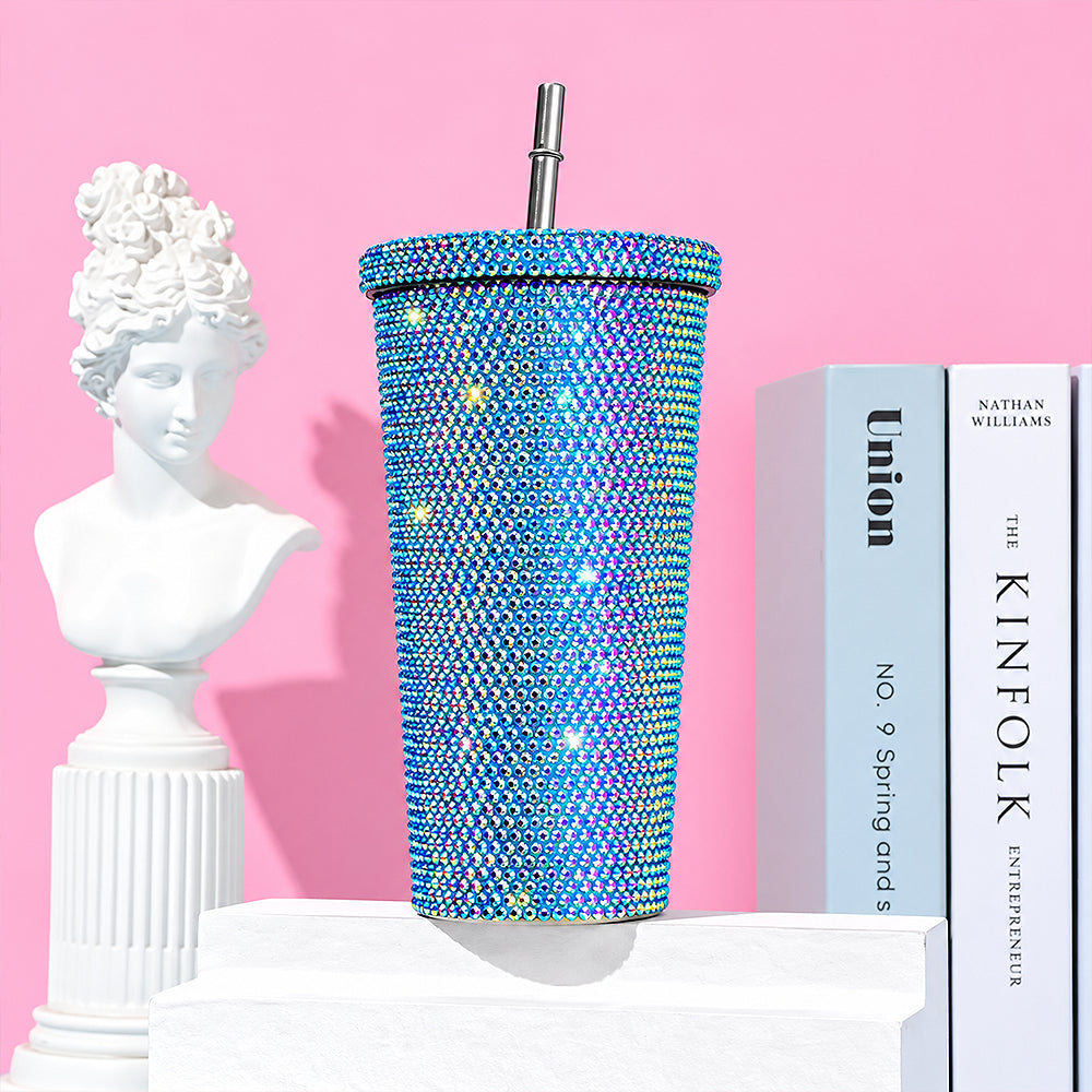 gourde gobelet bleu avec strass et paille