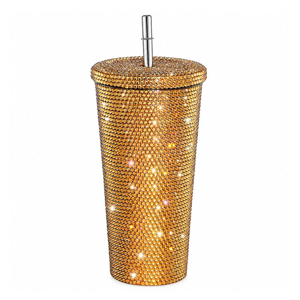 gourde gobelet dorée avec strass et paille