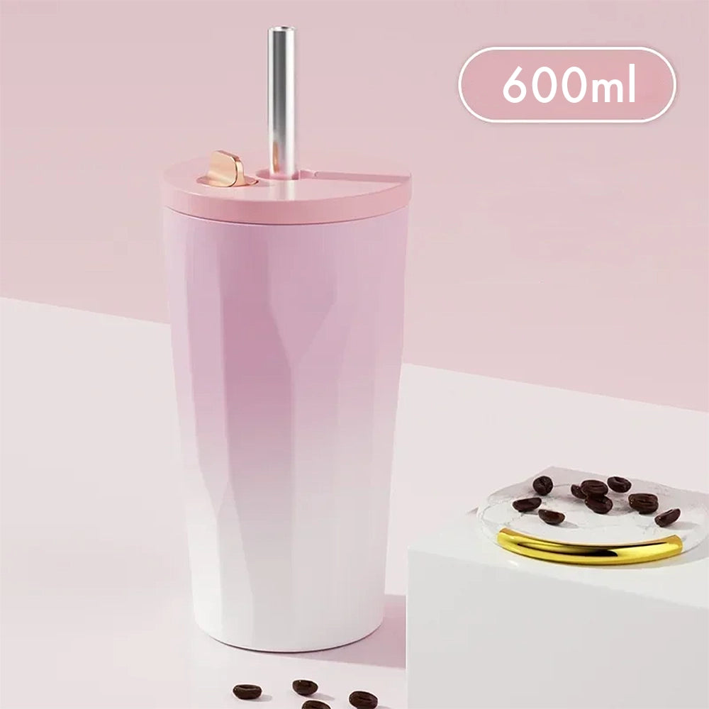 gourde gobelet isotherme rose avec paille inox