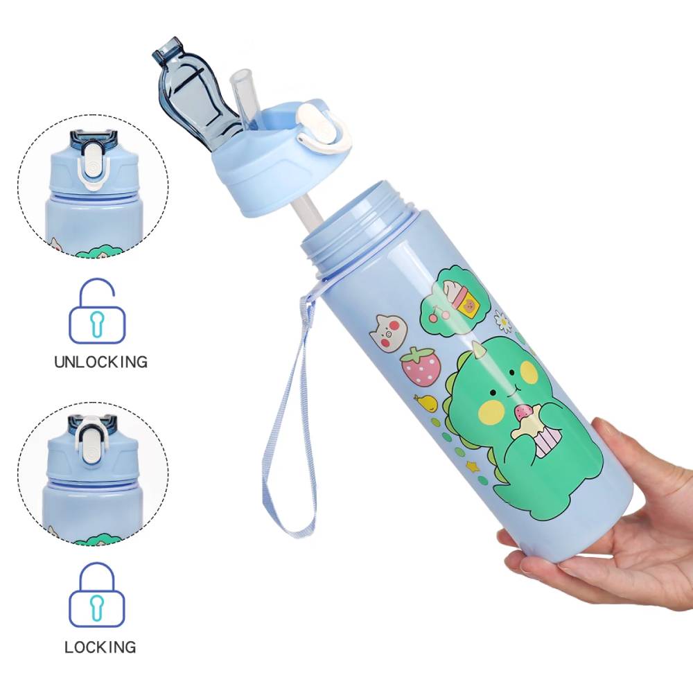 gourde kawaii avec paille bleu et dinosaure