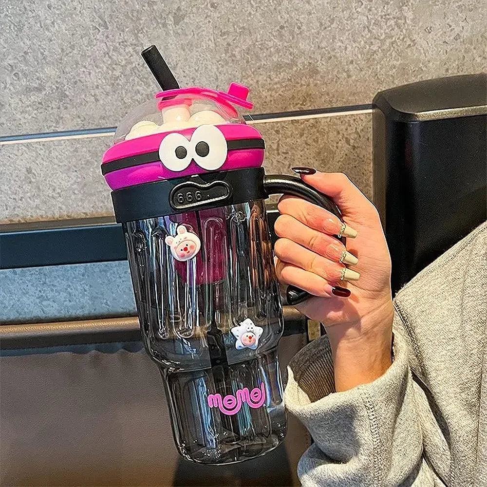 gourde rigolote rose et noir avec paille