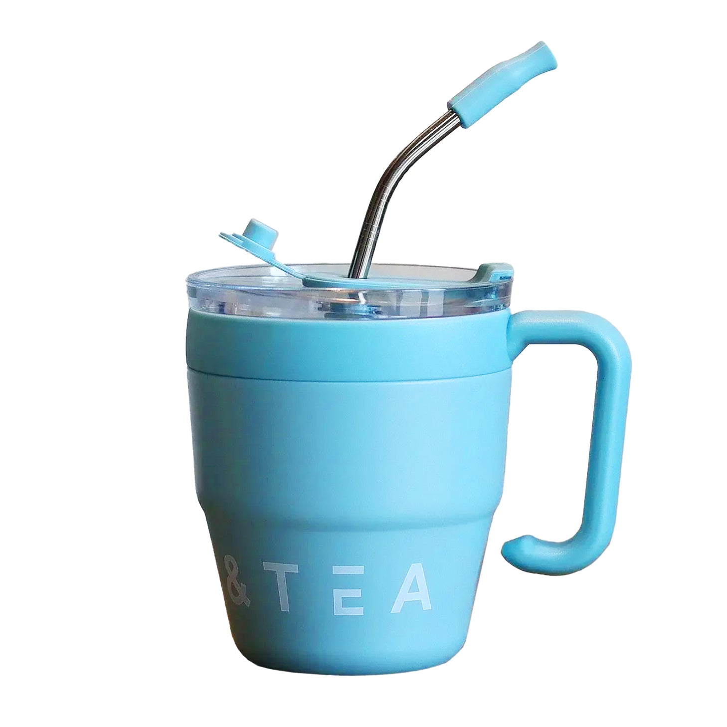 gourde tasse bleu avec paille et poignée