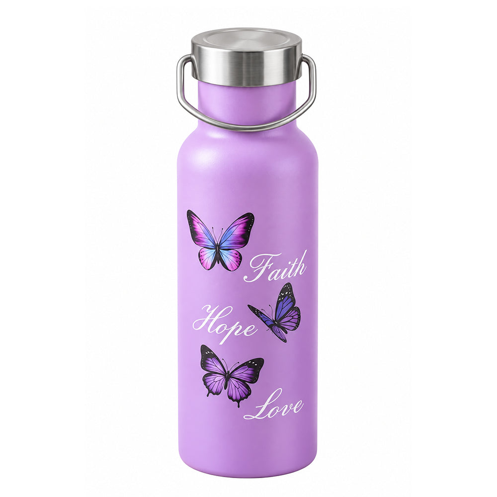 gourde violette en acier inoxydable avec papillon