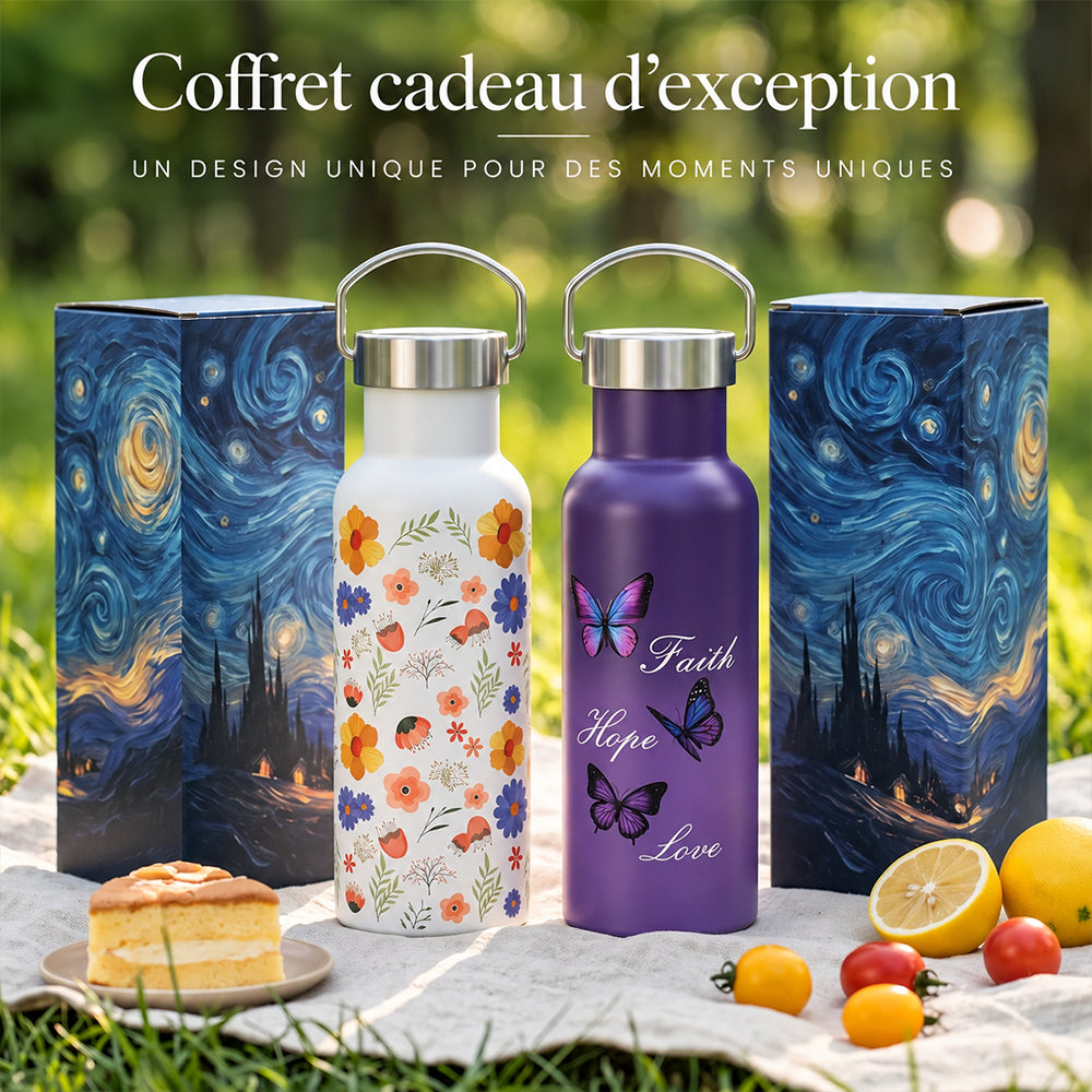 Bouteille réutilisable en inox design fleurs et papillon