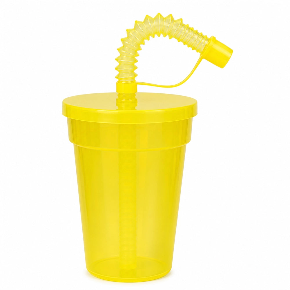 gobelet jaune avec paille et couvercle