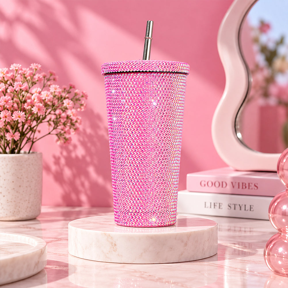 gourde gobelet avec strass et paille rose