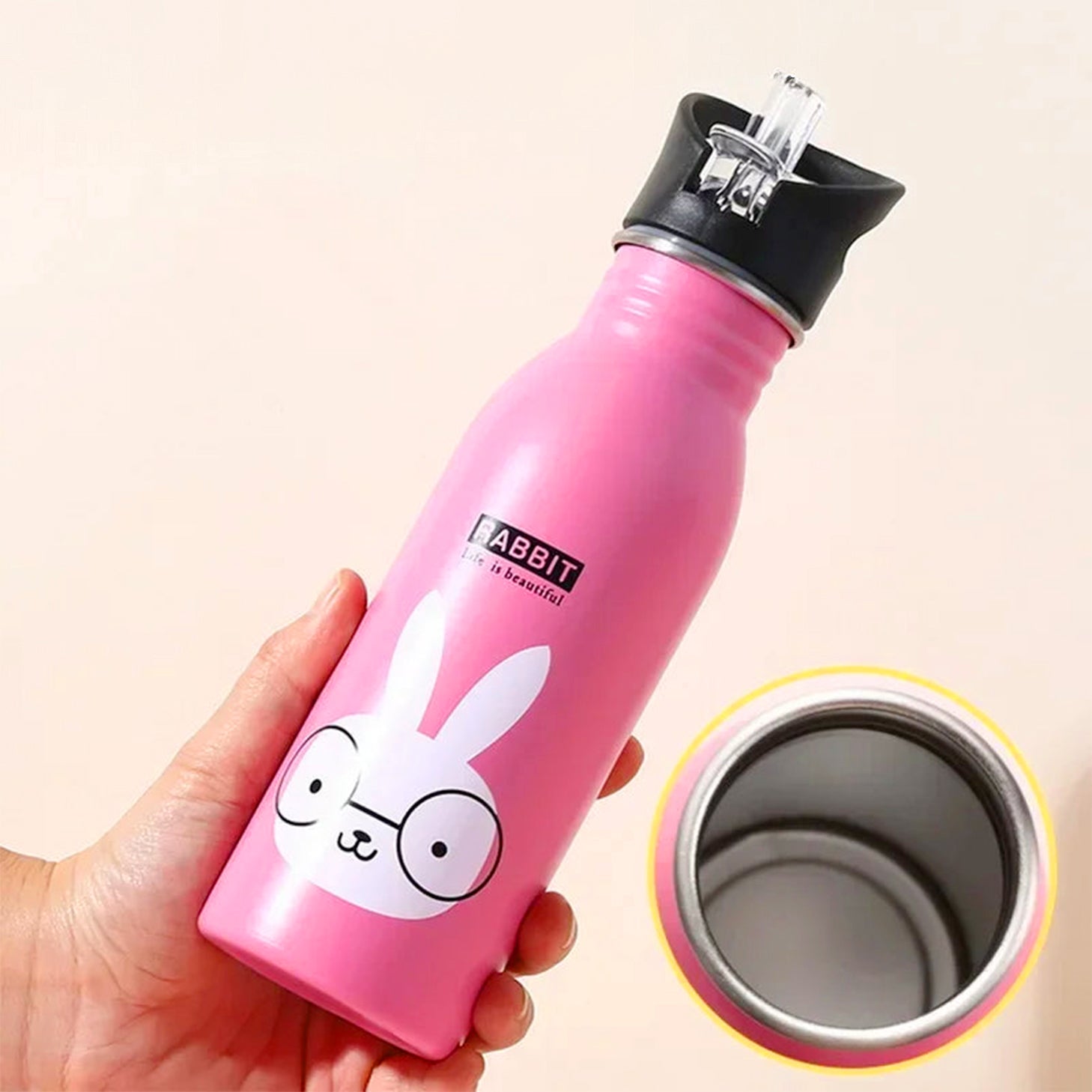 gourde rose avec lapin pour enfant en inox