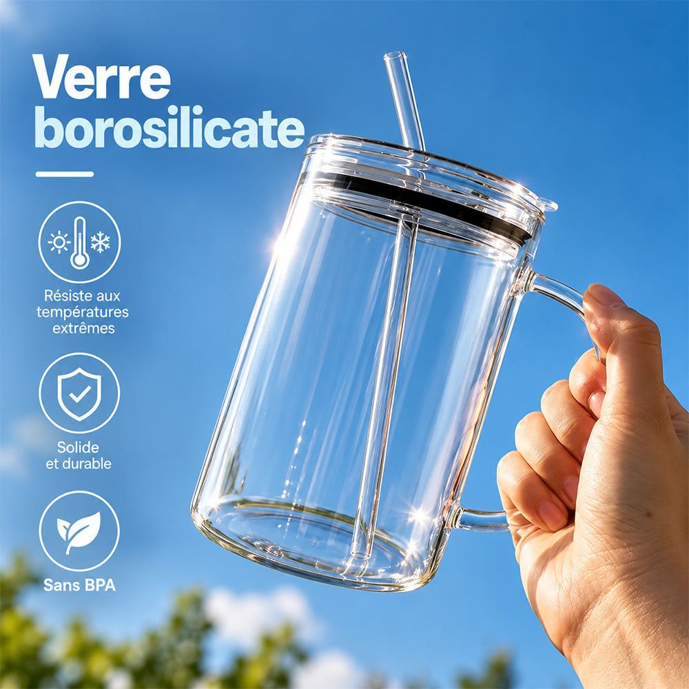 gourde tasse en verre avec paille