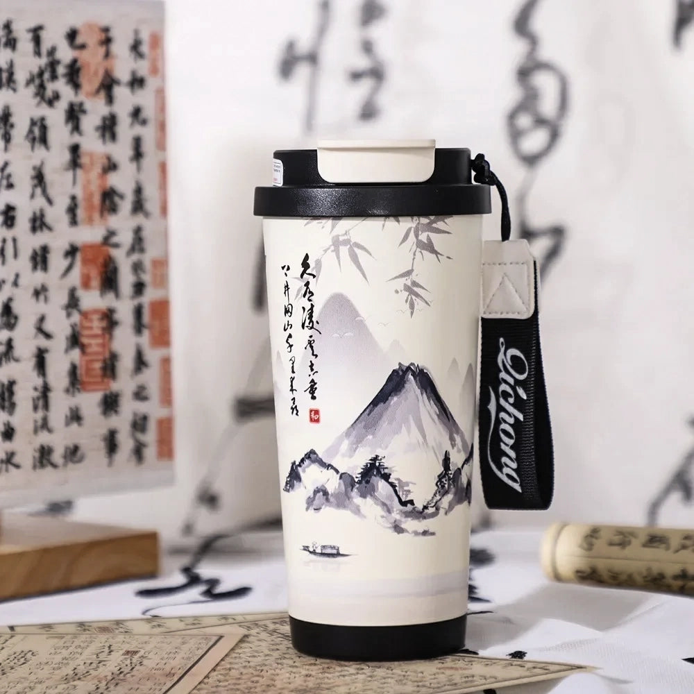 gourde thermos japonaise noire avec dragonne