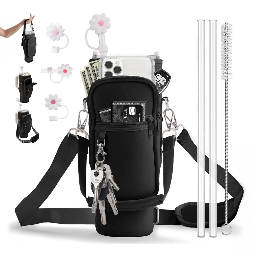 sac de gourde noire avec pochette téléphone